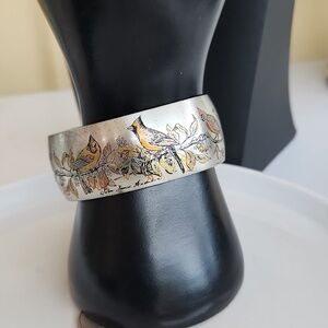 Vintage Reed & Barton Damascene Birds Silver Cuff Bracelet